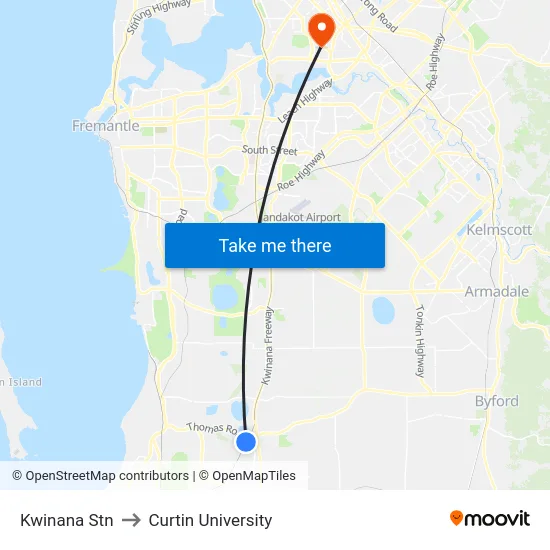 Kwinana Stn to Curtin University map