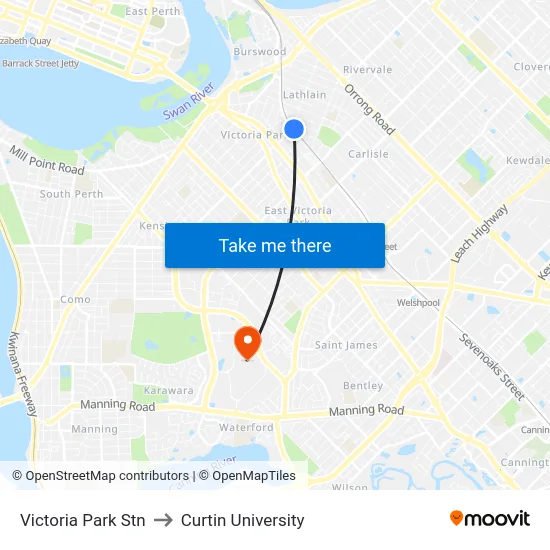 Victoria Park Stn to Curtin University map