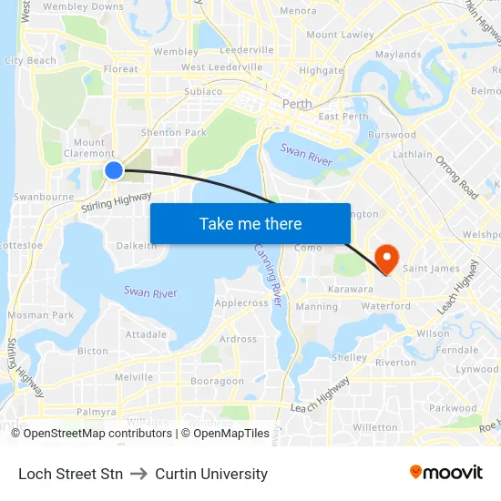 Loch Street Stn to Curtin University map
