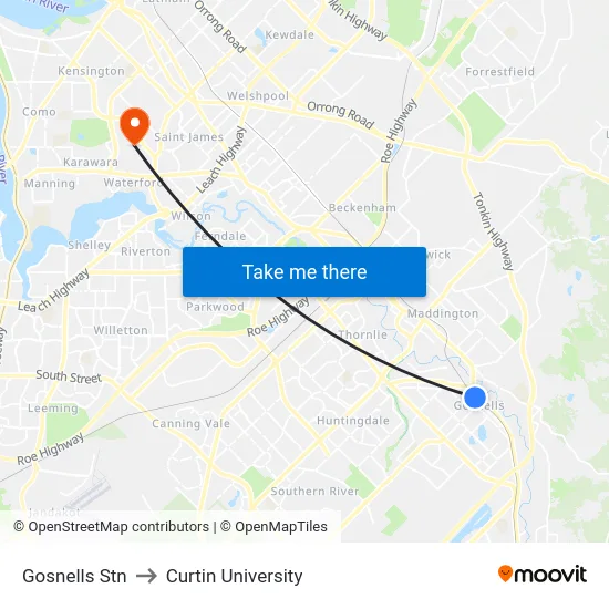 Gosnells Stn to Curtin University map