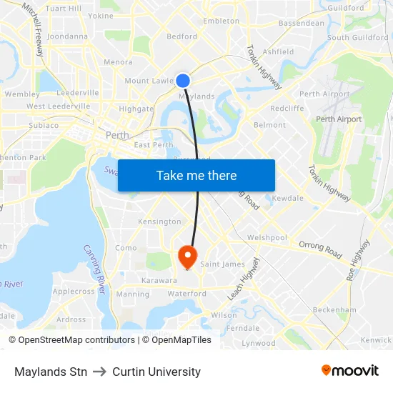 Maylands Stn to Curtin University map