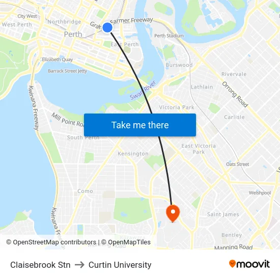 Claisebrook Stn to Curtin University map