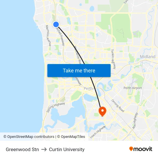 Greenwood Stn to Curtin University map