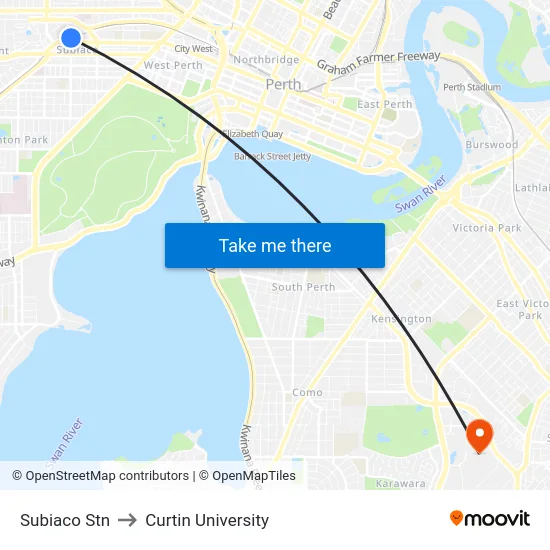 Subiaco Stn to Curtin University map