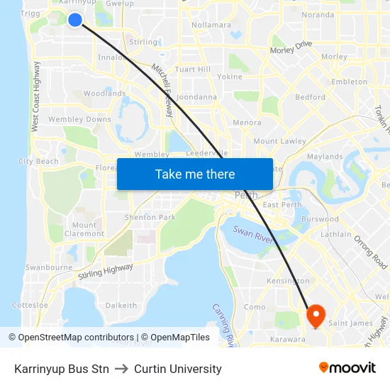 Karrinyup Bus Stn to Curtin University map