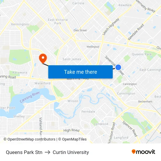 Queens Park Stn to Curtin University map