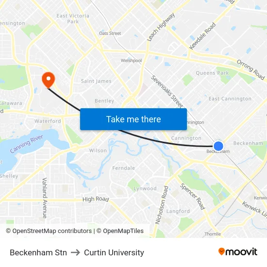 Beckenham Stn to Curtin University map