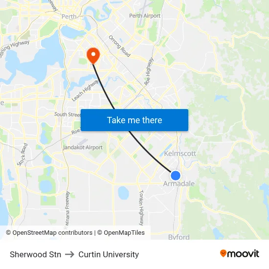 Sherwood Stn to Curtin University map