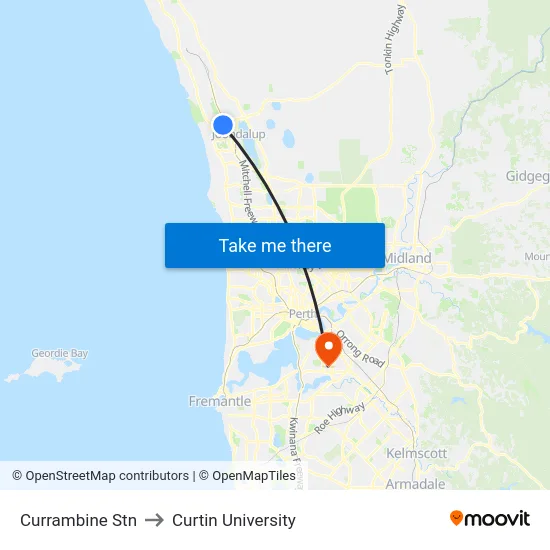 Currambine Stn to Curtin University map