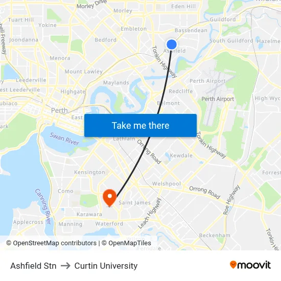 Ashfield Stn to Curtin University map