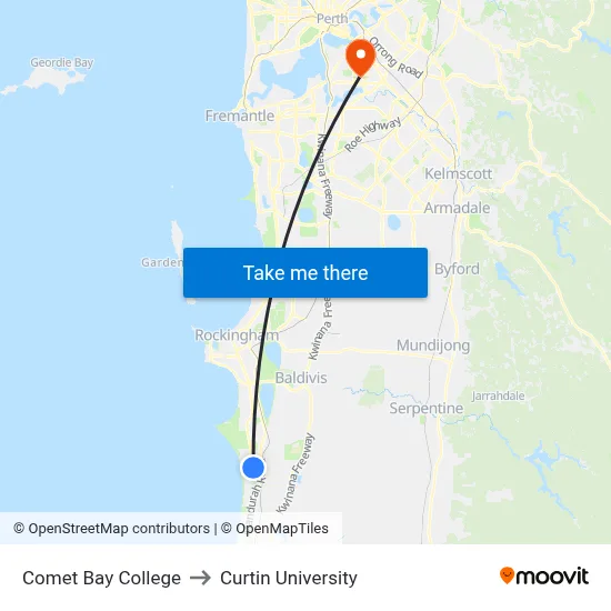 Comet Bay College to Curtin University map