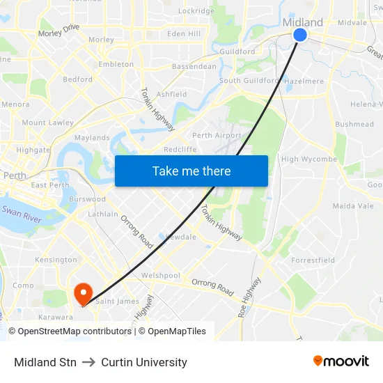 Midland Stn to Curtin University map
