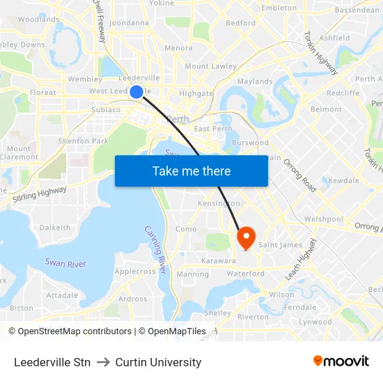 Leederville Stn to Curtin University map