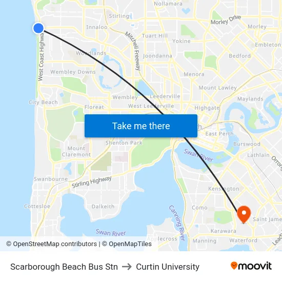 Scarborough Beach Bus Stn to Curtin University map