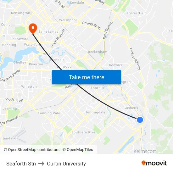 Seaforth Stn to Curtin University map