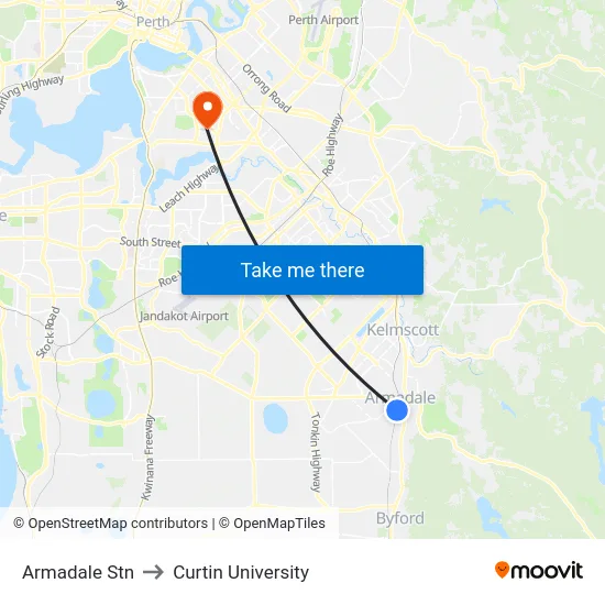 Armadale Stn to Curtin University map
