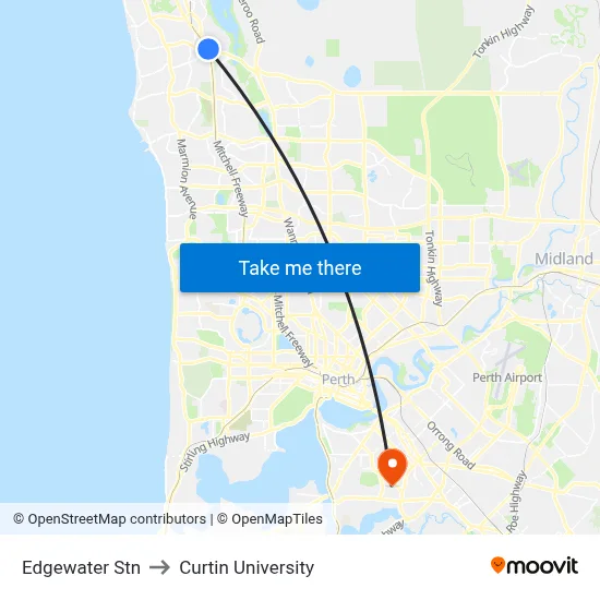 Edgewater Stn to Curtin University map