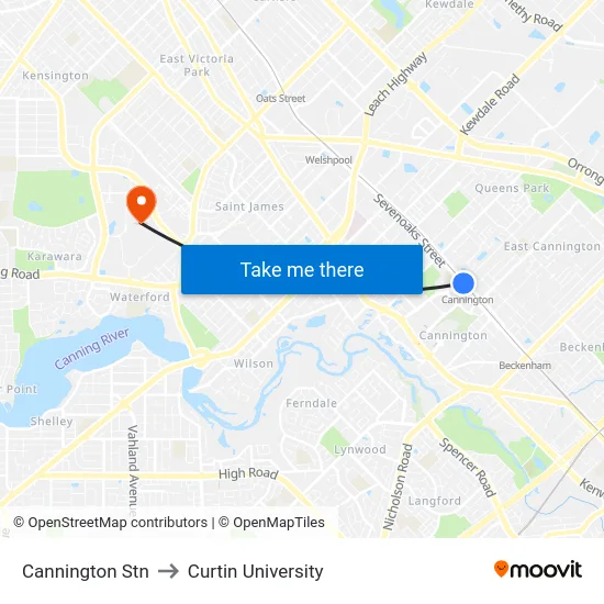 Cannington Stn to Curtin University map
