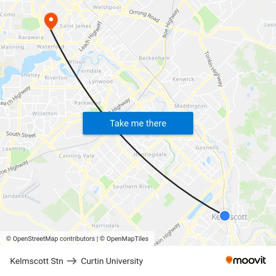 Kelmscott Stn to Curtin University map