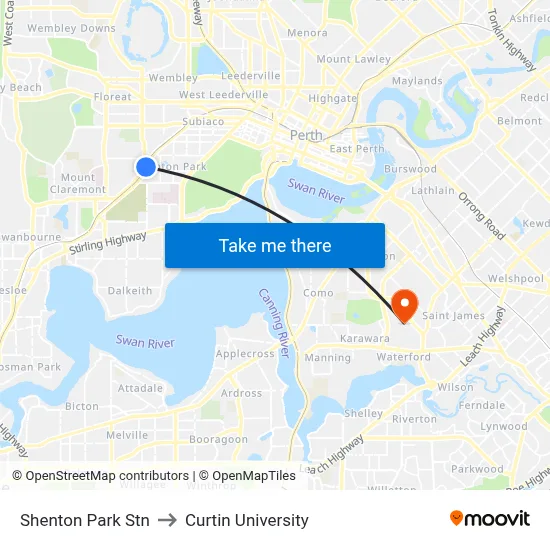 Shenton Park Stn to Curtin University map