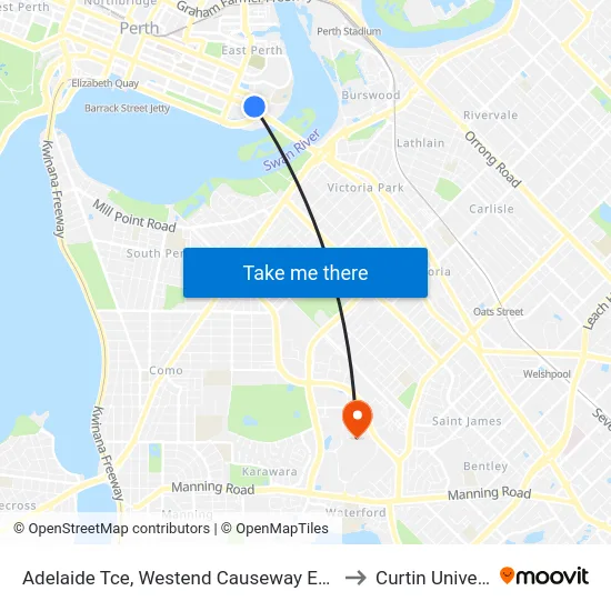 Adelaide Tce, Westend Causeway Eastbound to Curtin University map