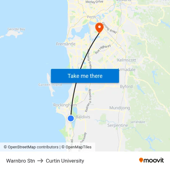 Warnbro Stn to Curtin University map