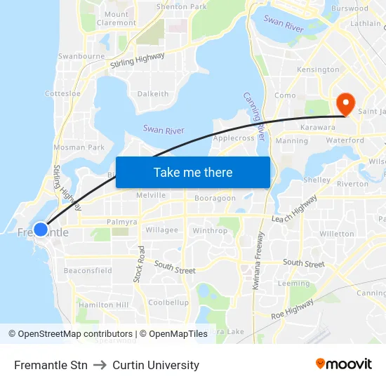 Fremantle Stn to Curtin University map