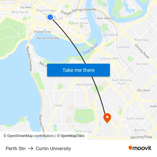 Perth Stn to Curtin University map