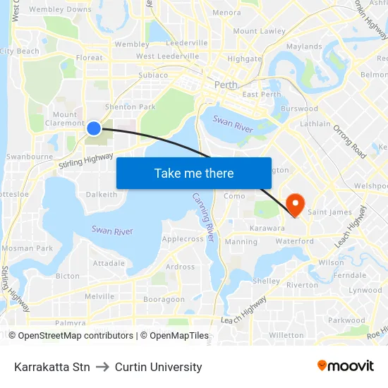 Karrakatta Stn to Curtin University map