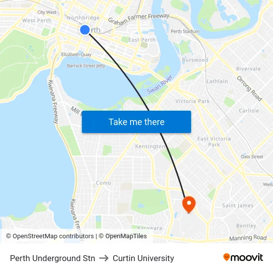 Perth Underground Stn to Curtin University map
