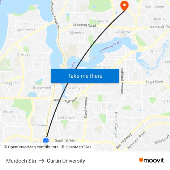Murdoch Stn to Curtin University map