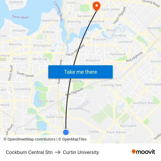 Cockburn Central Stn to Curtin University map