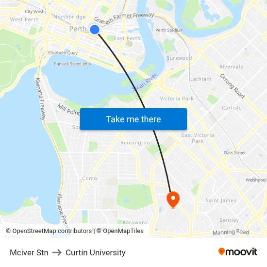 Mciver Stn to Curtin University map