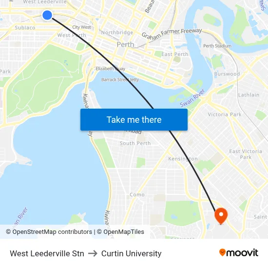 West Leederville Stn to Curtin University map