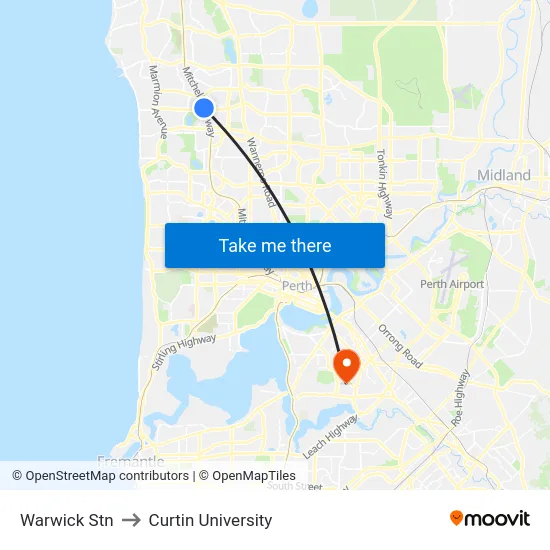 Warwick Stn to Curtin University map