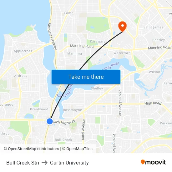Bull Creek Stn to Curtin University map