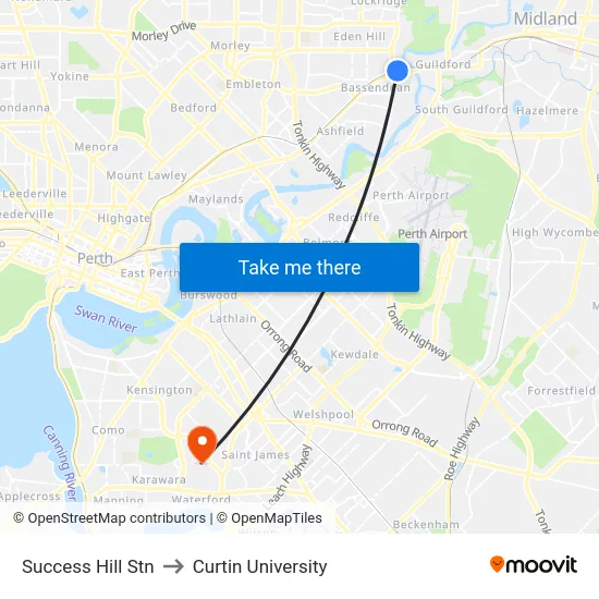Success Hill Stn to Curtin University map