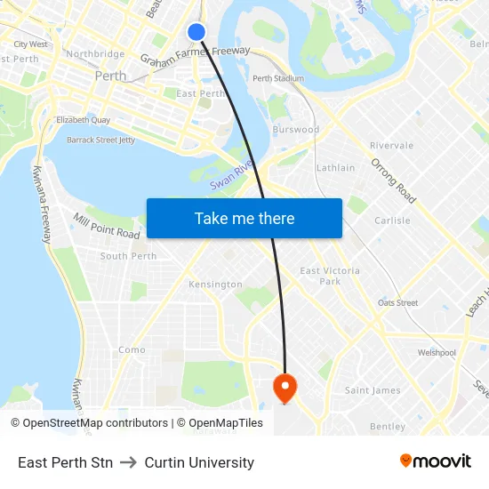 East Perth Stn to Curtin University map