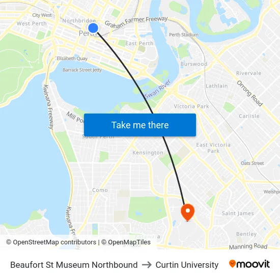 Beaufort St Museum Northbound to Curtin University map