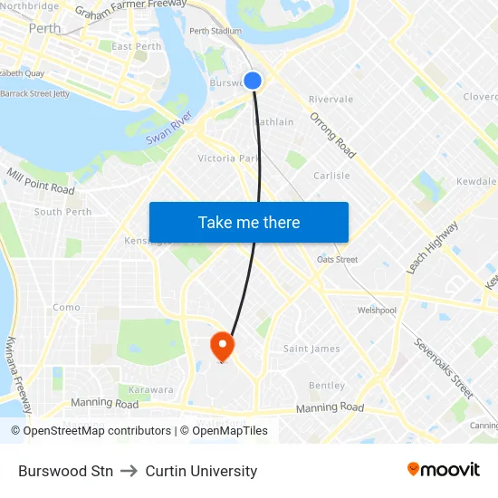 Burswood Stn to Curtin University map