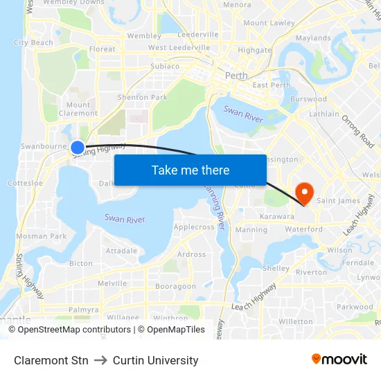Claremont Stn to Curtin University map
