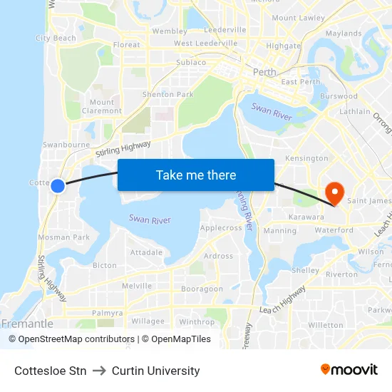 Cottesloe Stn to Curtin University map