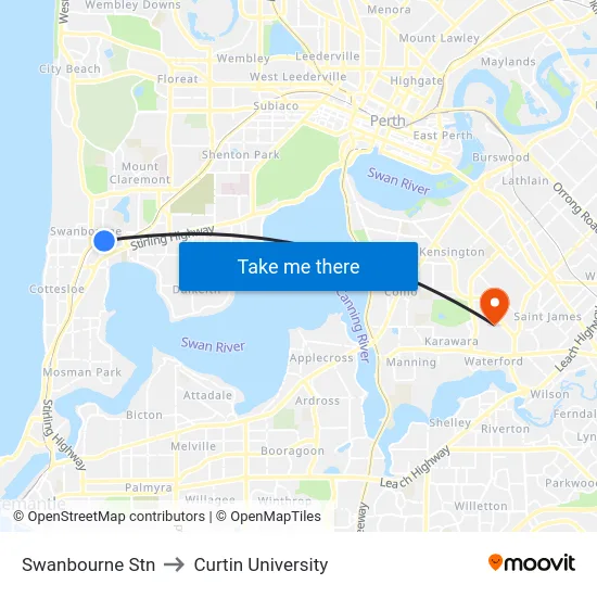 Swanbourne Stn to Curtin University map
