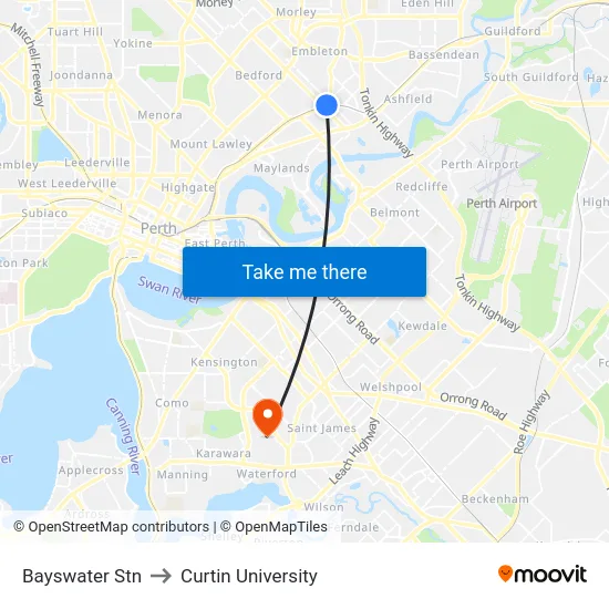 Bayswater Stn to Curtin University map