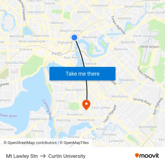 Mt Lawley Stn to Curtin University map