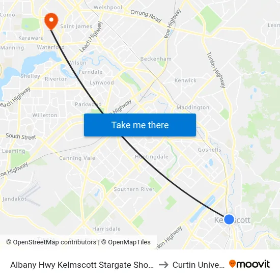 Albany Hwy Kelmscott Stargate Shopping Ctr to Curtin University map