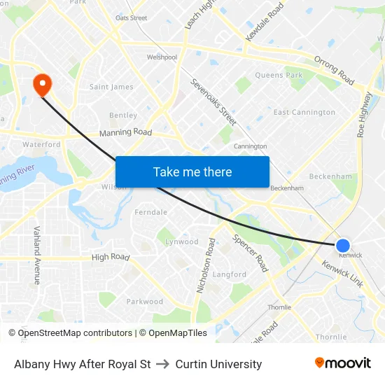 Albany Hwy After Royal St to Curtin University map