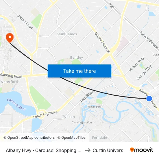 Albany Hwy - Carousel Shopping Ctr to Curtin University map