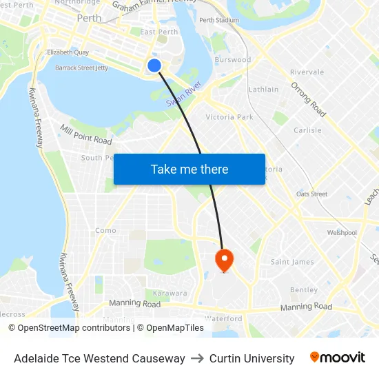 Adelaide Tce Westend Causeway to Curtin University map