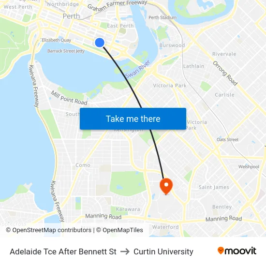 Adelaide Tce After Bennett St to Curtin University map